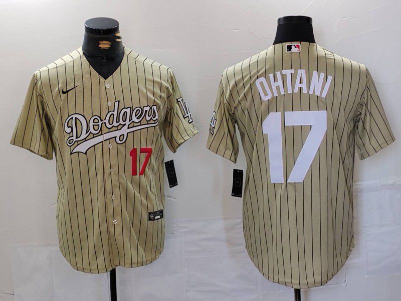 Men Los Angeles Dodgers #17 Ohtani Green Stripe Fashion Nike Game MLB Jersey style 7066